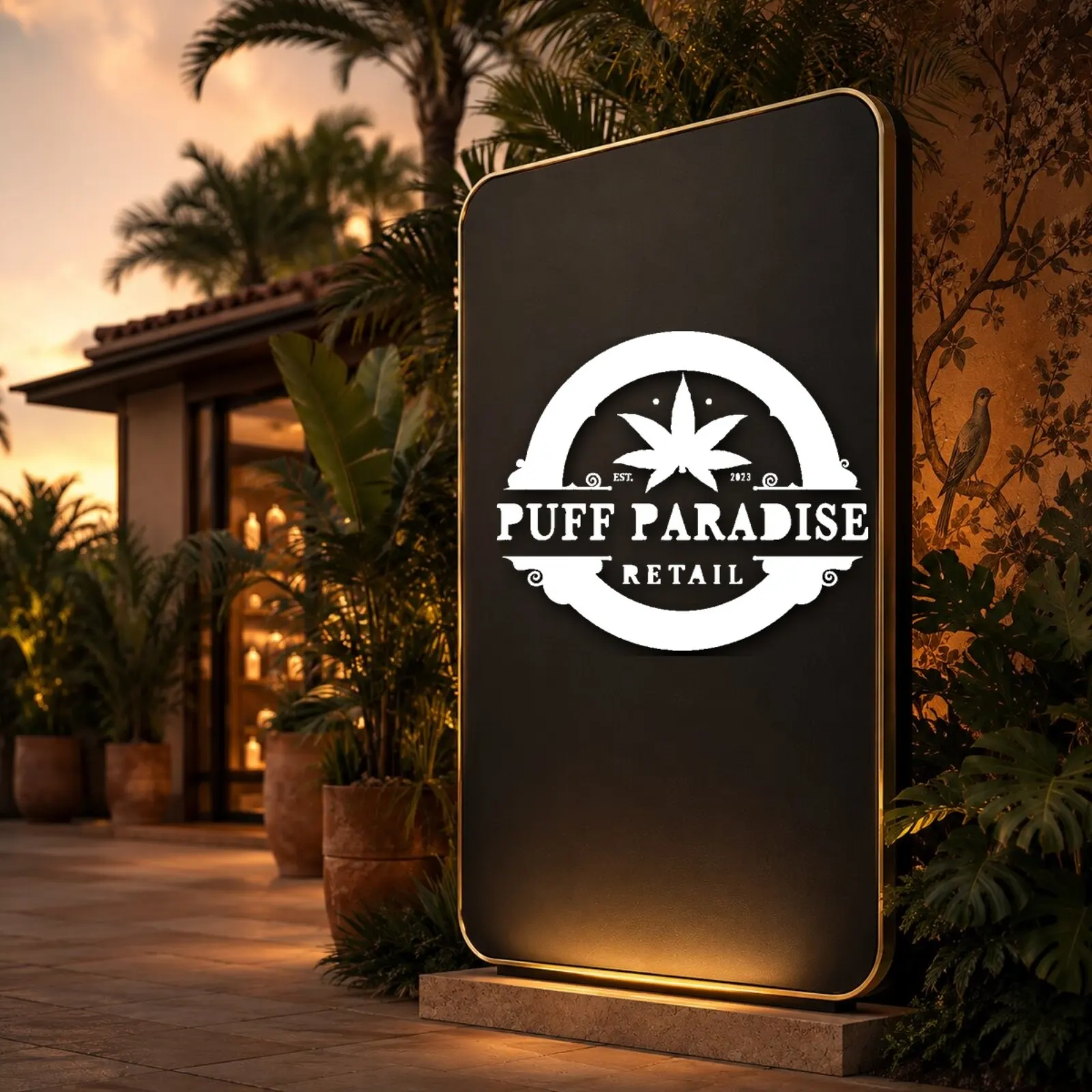 Puff Paradise monument sign at the storefront entrance, Winnipeg