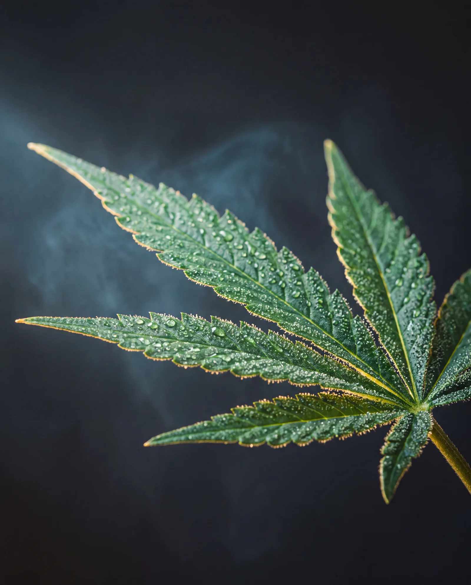 Premium cannabis leaf with dew under studio light