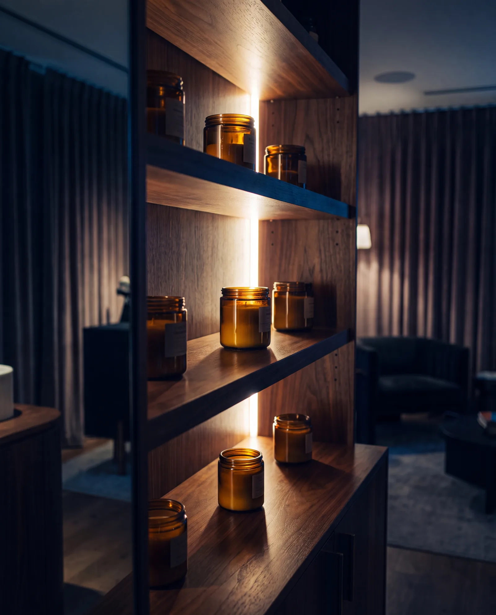 Warm-lit amber jars on walnut shelving at Puff Paradise Henderson