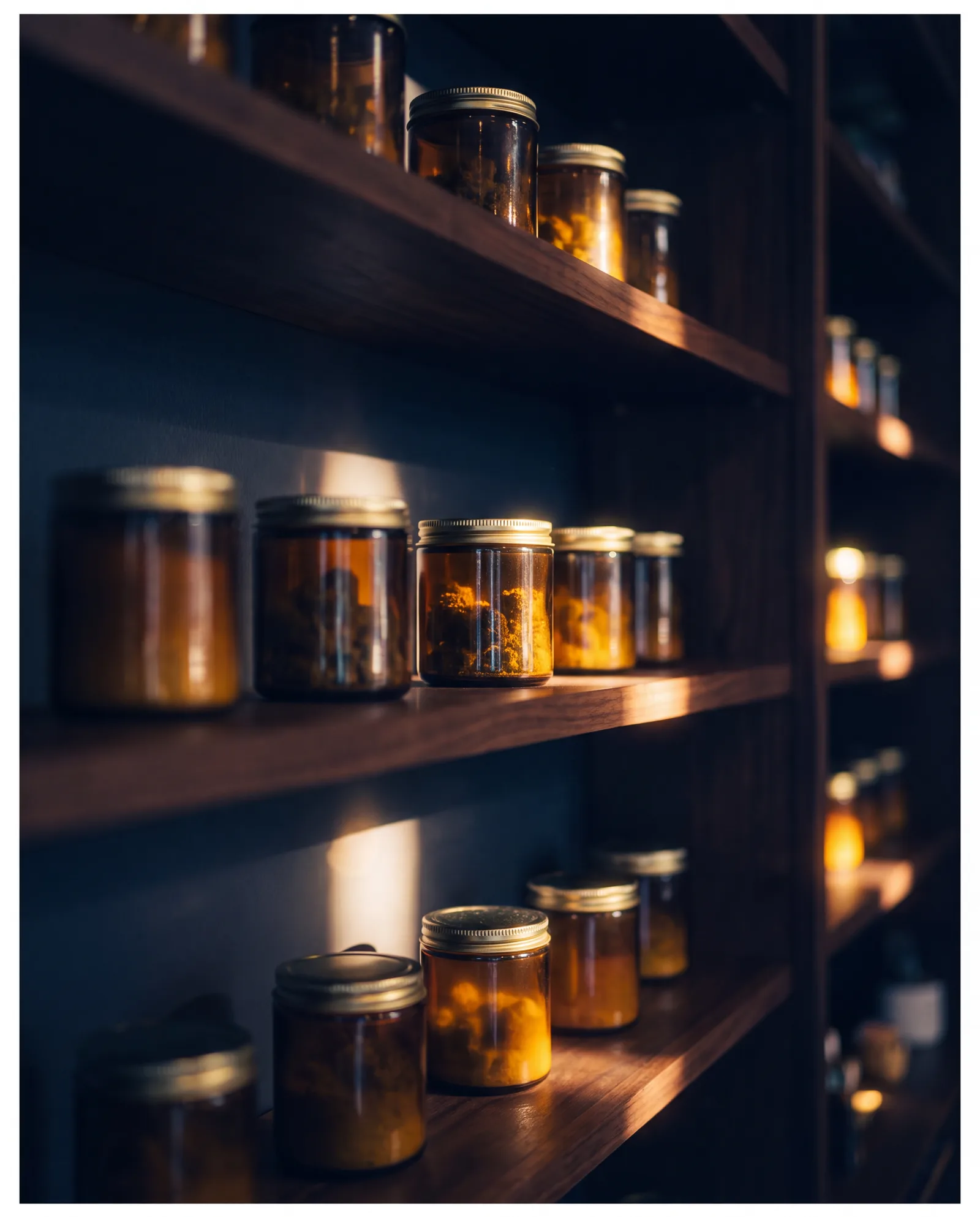 Amber jars of premium cannabis on walnut shelves at Puff Paradise
